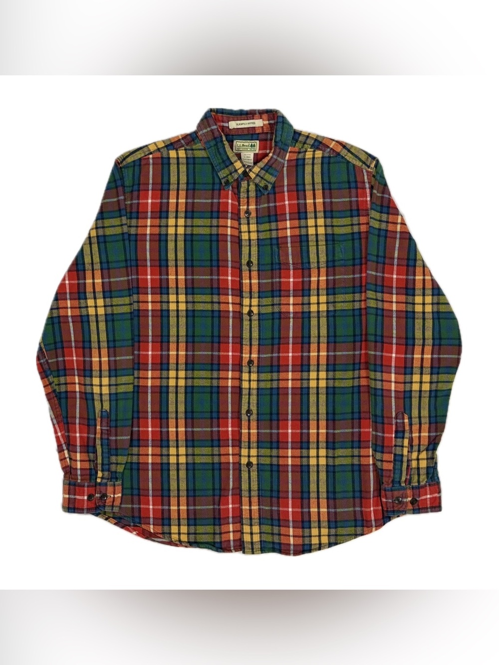 LL Bean Orange Green Plaid Slightly Fitted Flannel Button Down Shirt Mens Large
